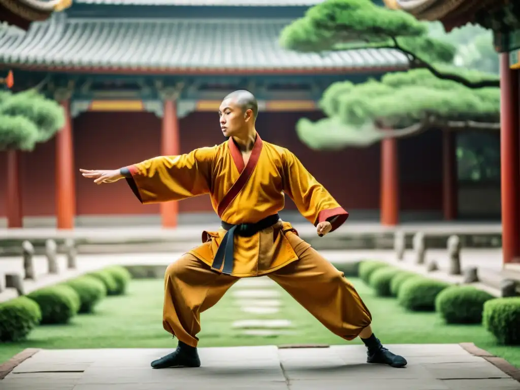 Maestro de Kung Fu Shaolin ejecutando estilos de los Cinco Animales en el templo