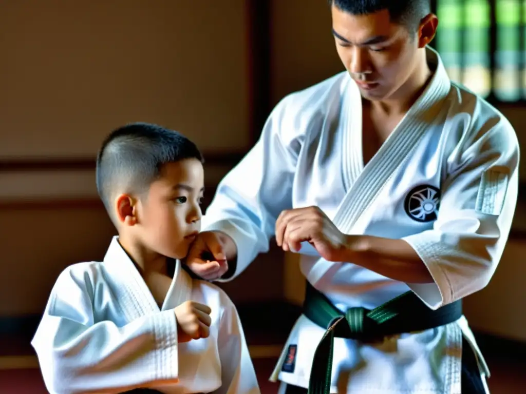 Un maestro de karate enseña a un estudiante a atar el cinturón con determinación