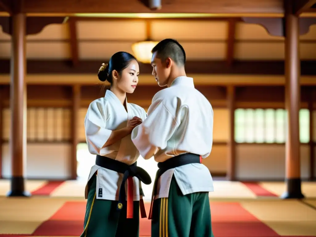 Maestro y estudiante se inclinan respetuosamente en el dojo, reflejando la ética en la enseñanza de artes marciales