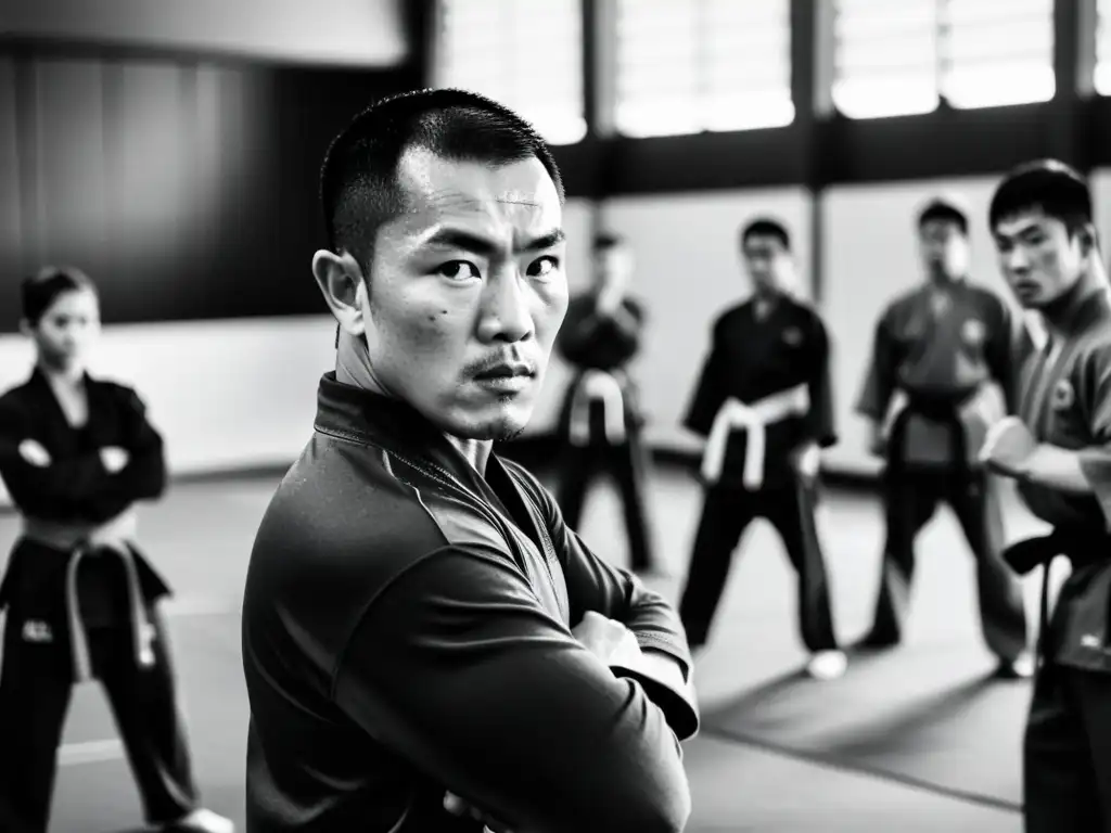 Maestro y estudiantes practicando artes marciales en un dojo tradicional, transmitiendo poder y dedicación