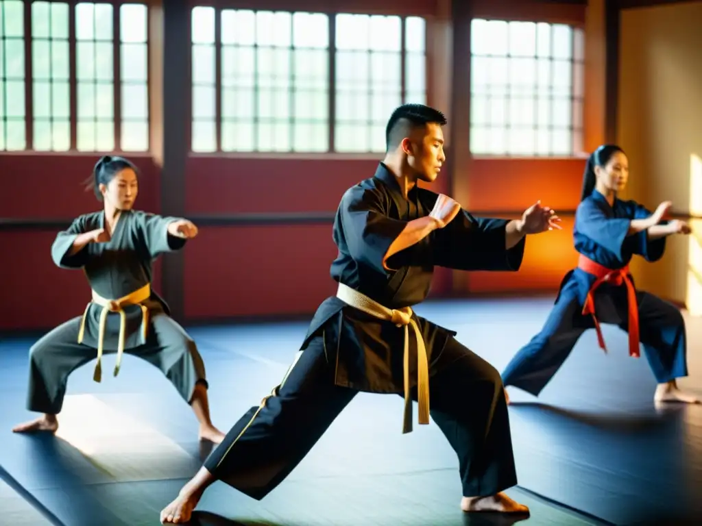 Maestro de kung fu y estudiantes practican técnicas de autodefensa en un salón iluminado por la luz del sol, mostrando precisión y disciplina