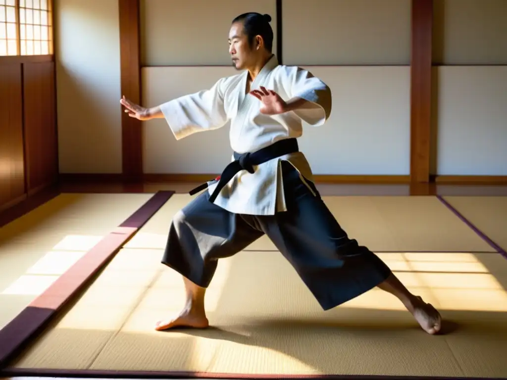 Un maestro experimentado de Aikido en gi blanco tradicional realiza un impecable lanzamiento iriminage a un uke en un dojo sereno y soleado