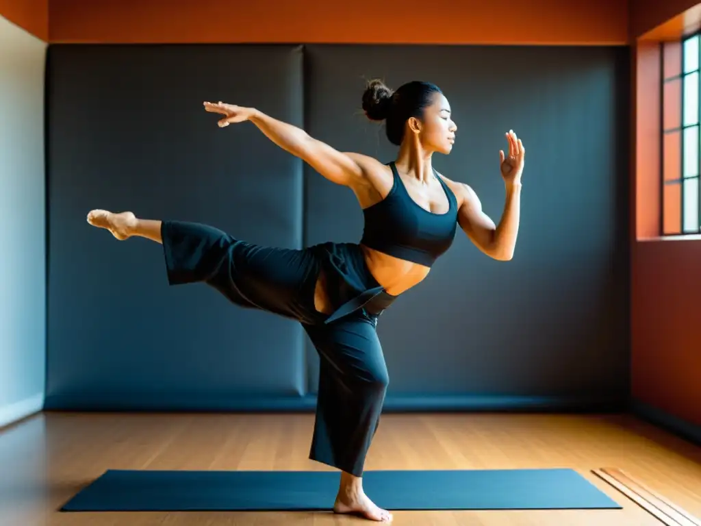 Un maestro experimentado de artes marciales fusiona yoga y técnicas poderosas, combinando fuerza, flexibilidad y calma