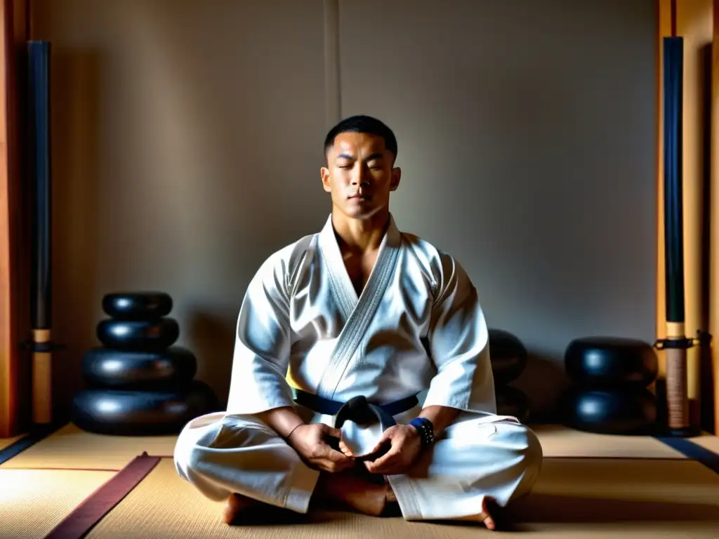 Un maestro experimentado de artes marciales medita en un dojo sereno, rodeado de armas tradicionales y equipos de entrenamiento