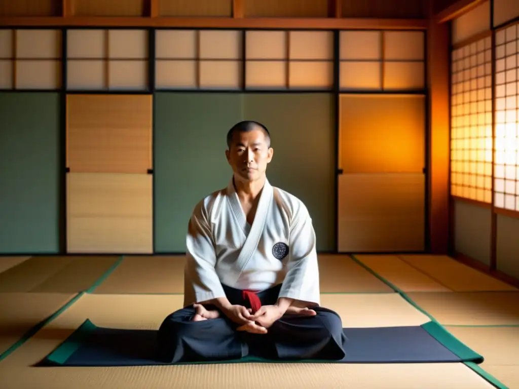 Un maestro experimentado de artes marciales medita en un dojo sereno, rodeado de armas y equipo tradicional japonés