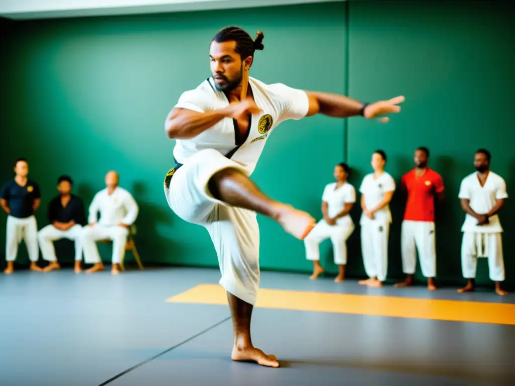 Un maestro experimentado de capoeira realiza movimientos fluidos y precisos, rodeado de practicantes diversos con intensidad y determinación