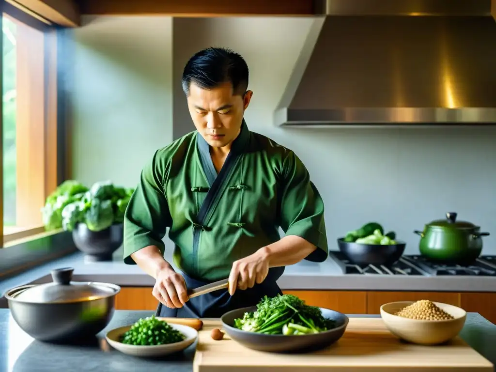 Un maestro experimentado de Kung Fu prepara cuidadosamente una comida tradicional para el entrenamiento en una cocina serena y soleada