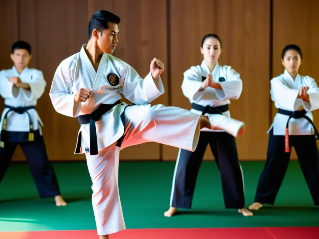 Maestro de karate experimentado enseña técnicas de calentamiento y estiramiento a estudiantes, enfocándose en la prevención de lesiones en Karate