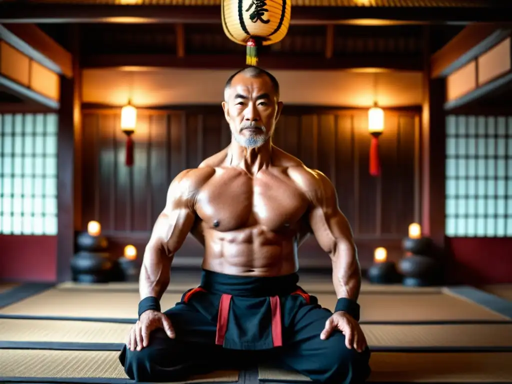 Un maestro experimentado de Kung Fu se concentra en el entrenamiento mental, rodeado de velas y armas antiguas en un dojo tradicional