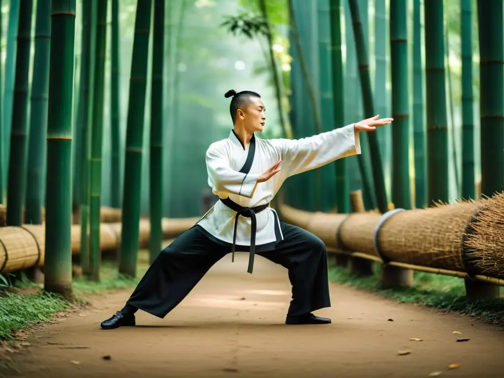 Un maestro experimentado de Kung Fu practica con gracia en un bosque de bambú, irradiando tranquilidad y poder