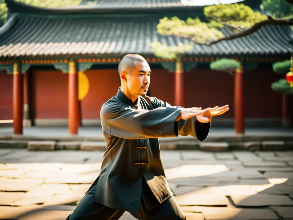 Un maestro de Kung Fu experimentado realiza movimientos fluidos y precisos en un antiguo templo Shaolin