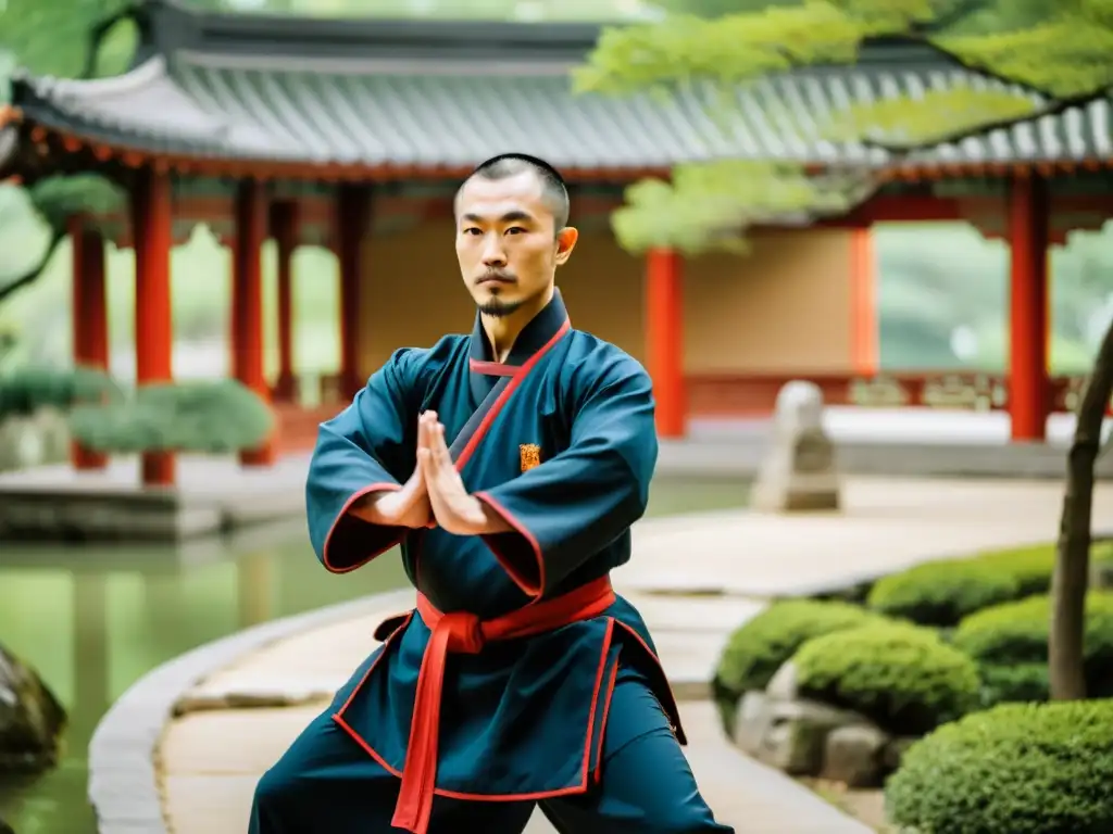 Un maestro experimentado de Kung Fu realiza movimientos precisos y poderosos en un jardín chino, evocando disciplina y tradición del Kung Fu