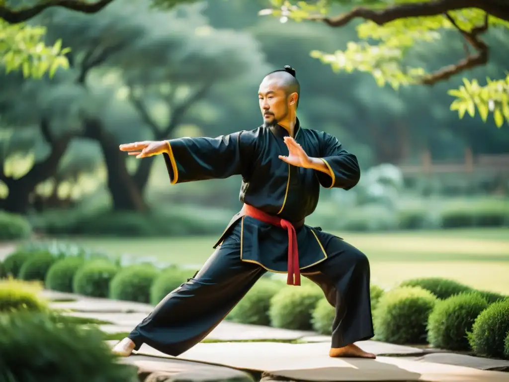 Un maestro experimentado de Kung Fu practica movimientos precisos y fluidos en un jardín tranquilo, mostrando la espiritualidad en el Kung Fu