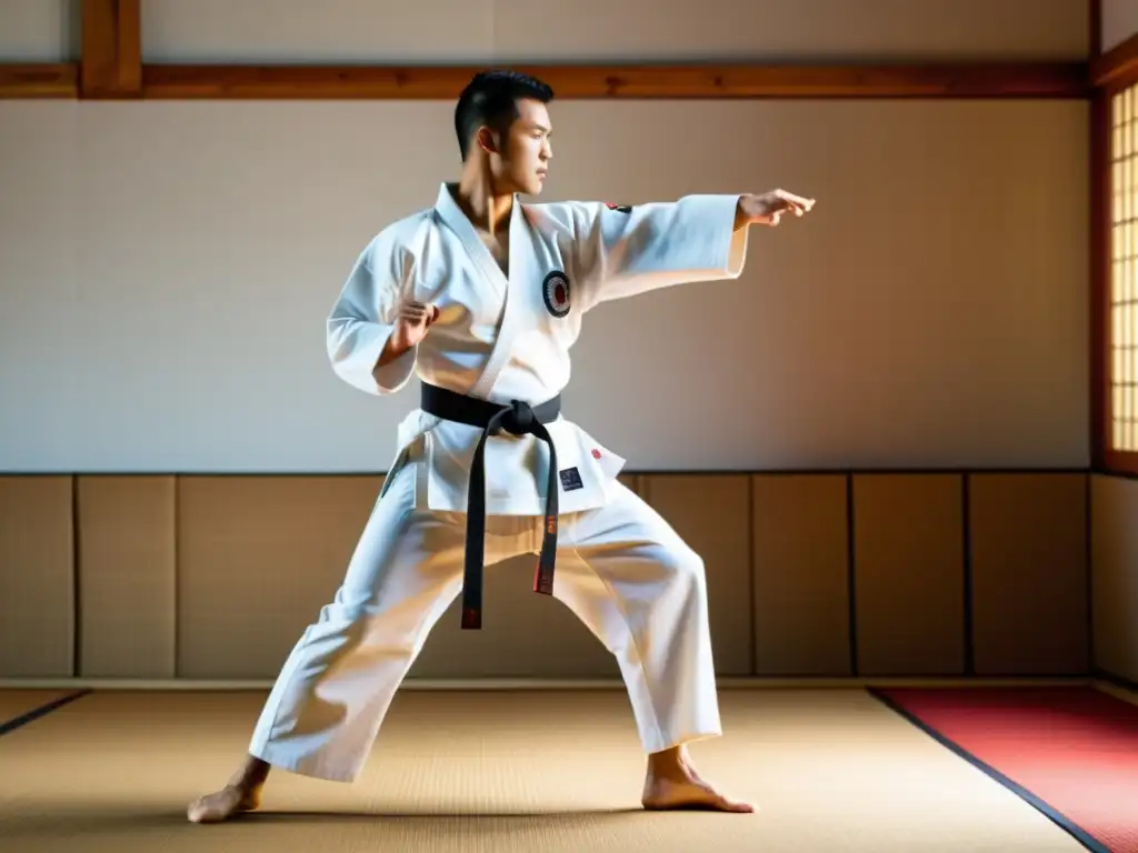 Un maestro de karate experimentado ejecuta una patada alta con precisión en un dojo sereno y soleado