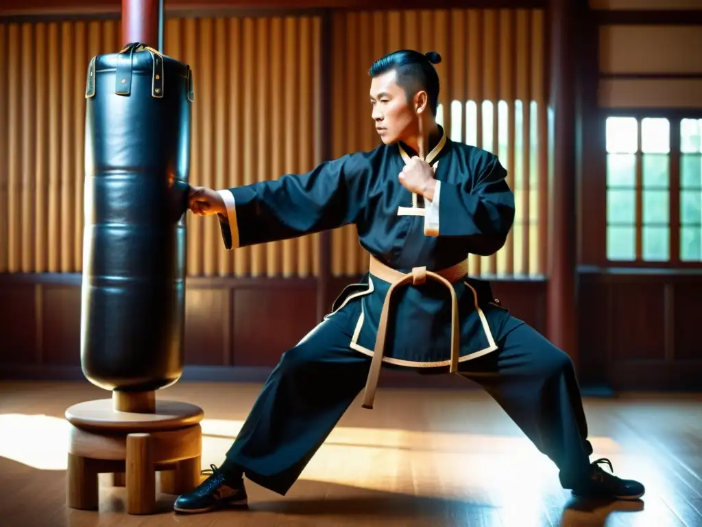 Un maestro de Wing Chun experimentado demostrando poderosos golpes precisos en un muñeco de madera, en un ambiente de reverencia y disciplina