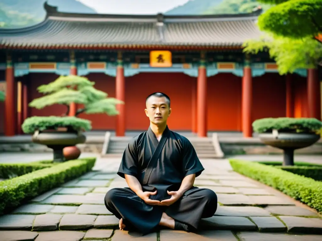 Un maestro experimentado de kung fu en pose meditativa en un patio chino tradicional rodeado de exuberante vegetación y arquitectura antigua