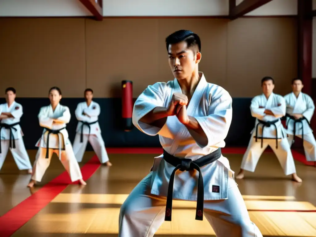 Un maestro experimentado de karate demostrando una precisa y poderosa defensa, con expresión enfocada y determinada