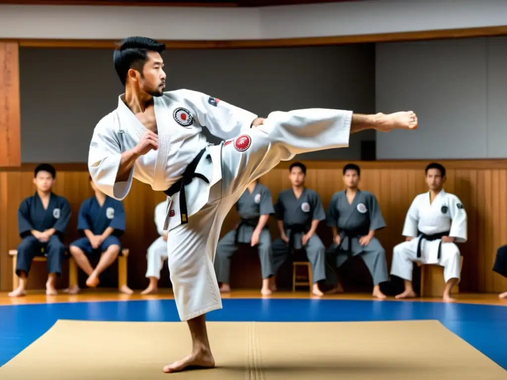 Un maestro experimentado de Shotokan Karate muestra su dominio técnico al ejecutar una patada circular perfecta