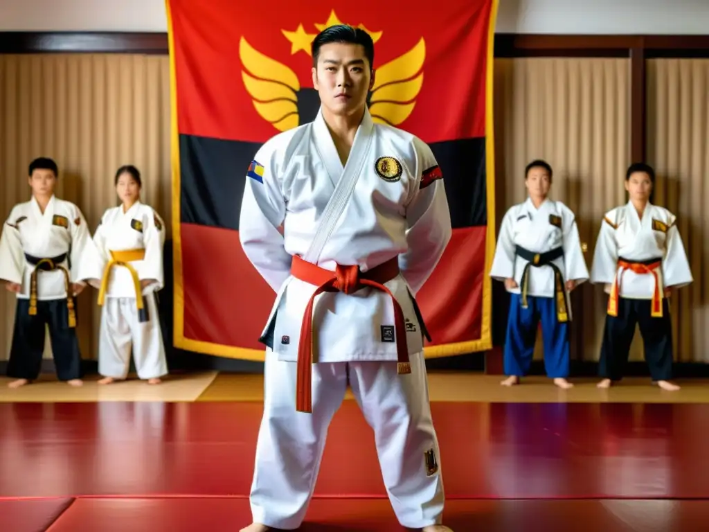 Un maestro experimentado de Taekwondo en un dojang tradicional, con estudiantes y una atmósfera de respeto y disciplina