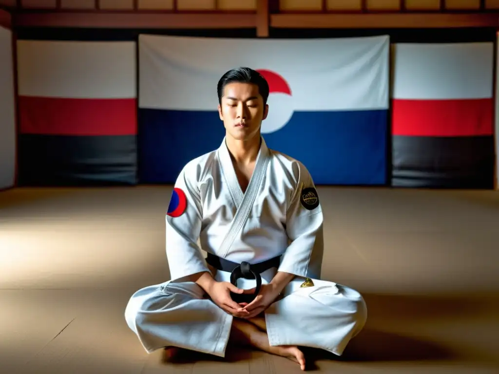 Un maestro experimentado de taekwondo en meditación profunda, ejercitando la mente en un dojo tradicional