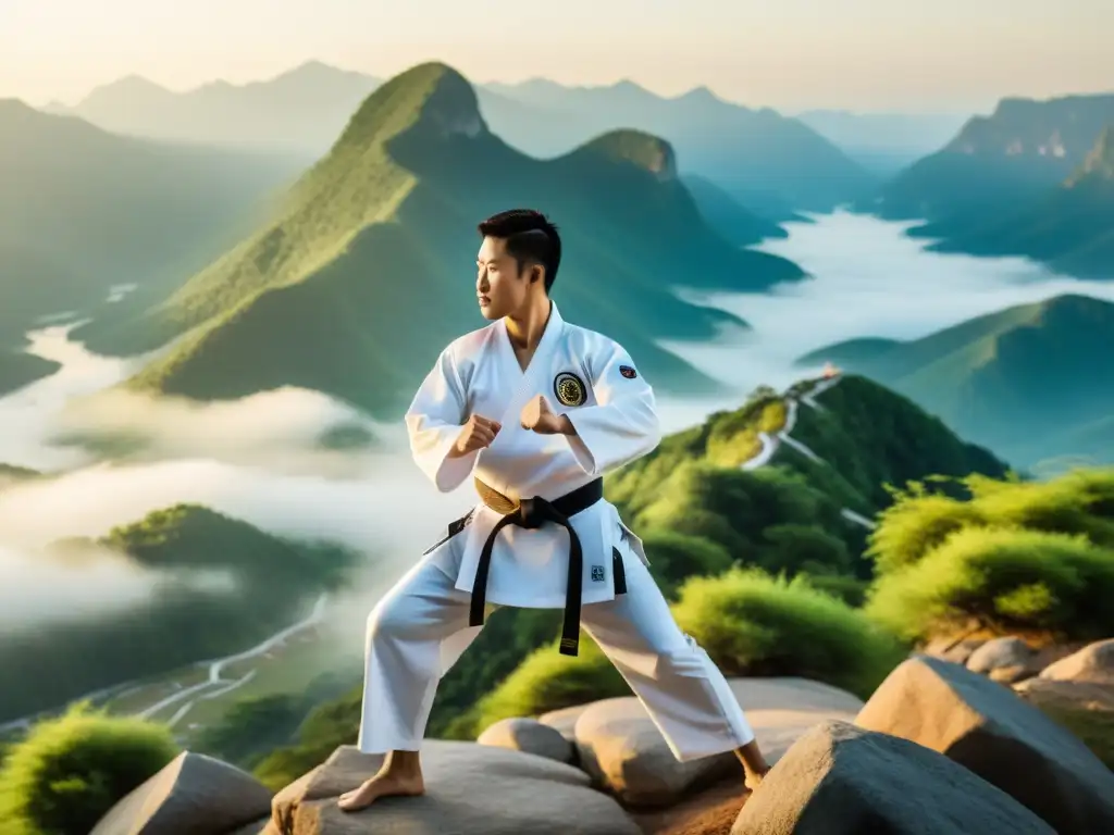 Un maestro experimentado de taekwondo demuestra su poderoso y elegante alto patada en la cima de una montaña serena al amanecer, capturando la disciplina, la fuerza y la paz interior cultivadas a través de la práctica del taekwondo para construir confianza