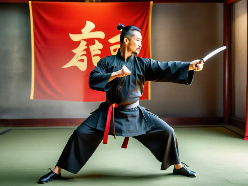 Un maestro experimentado de Kung Fu demuestra técnicas de autodefensa con precisión y gracia en un estudio de artes marciales tradicional