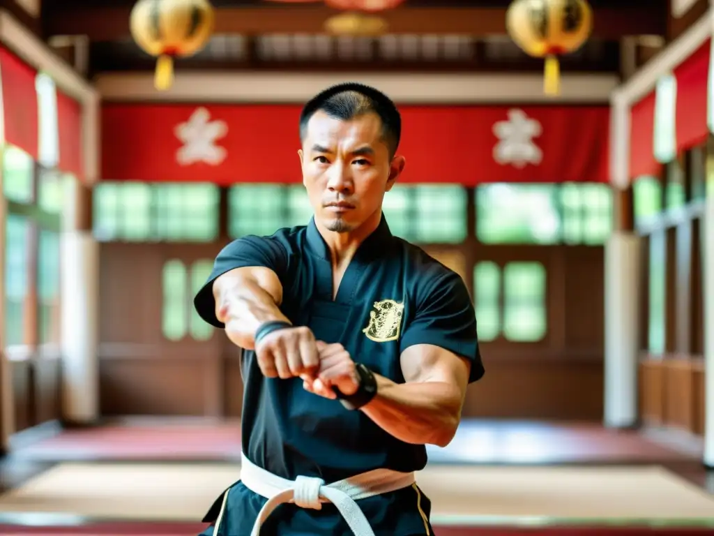 Maestro experimentado del Wing Chun demostrando una potente y precisa técnica, con determinación y concentración