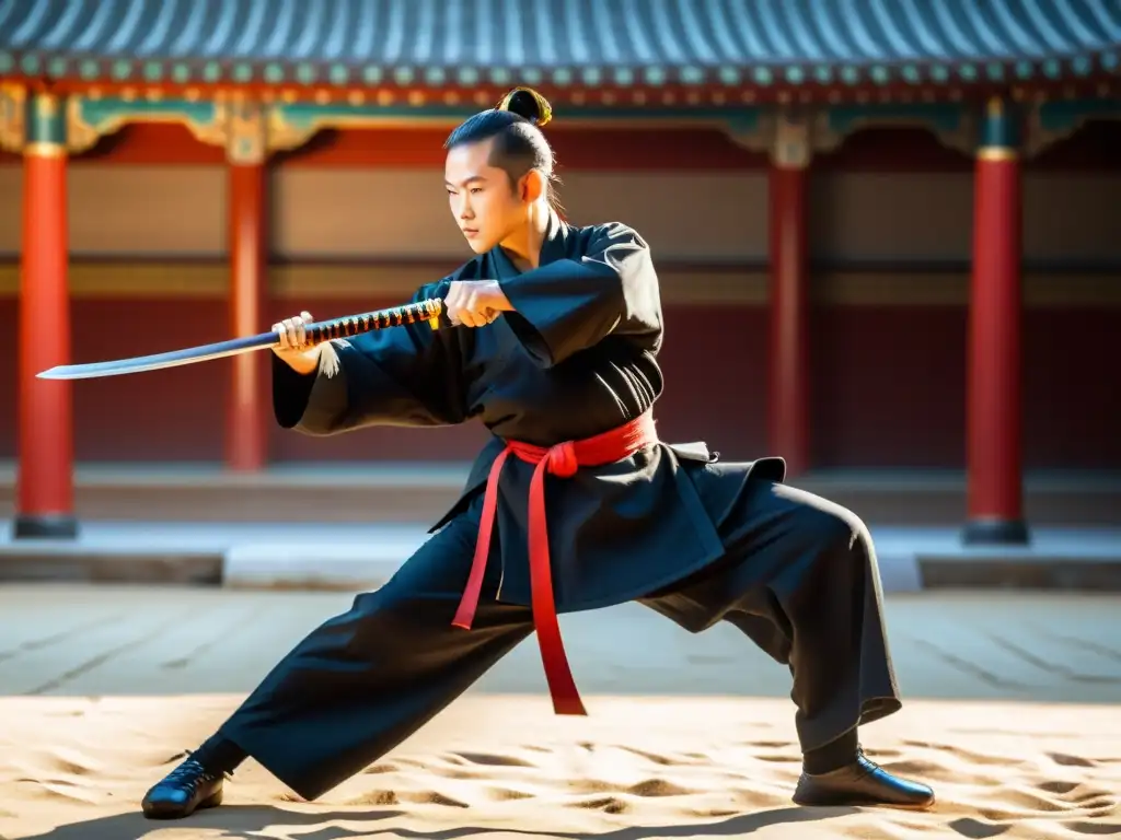 Un maestro de Kung Fu experto en el entrenamiento de armas tradicionales, manejando un sable con destreza en un patio soleado