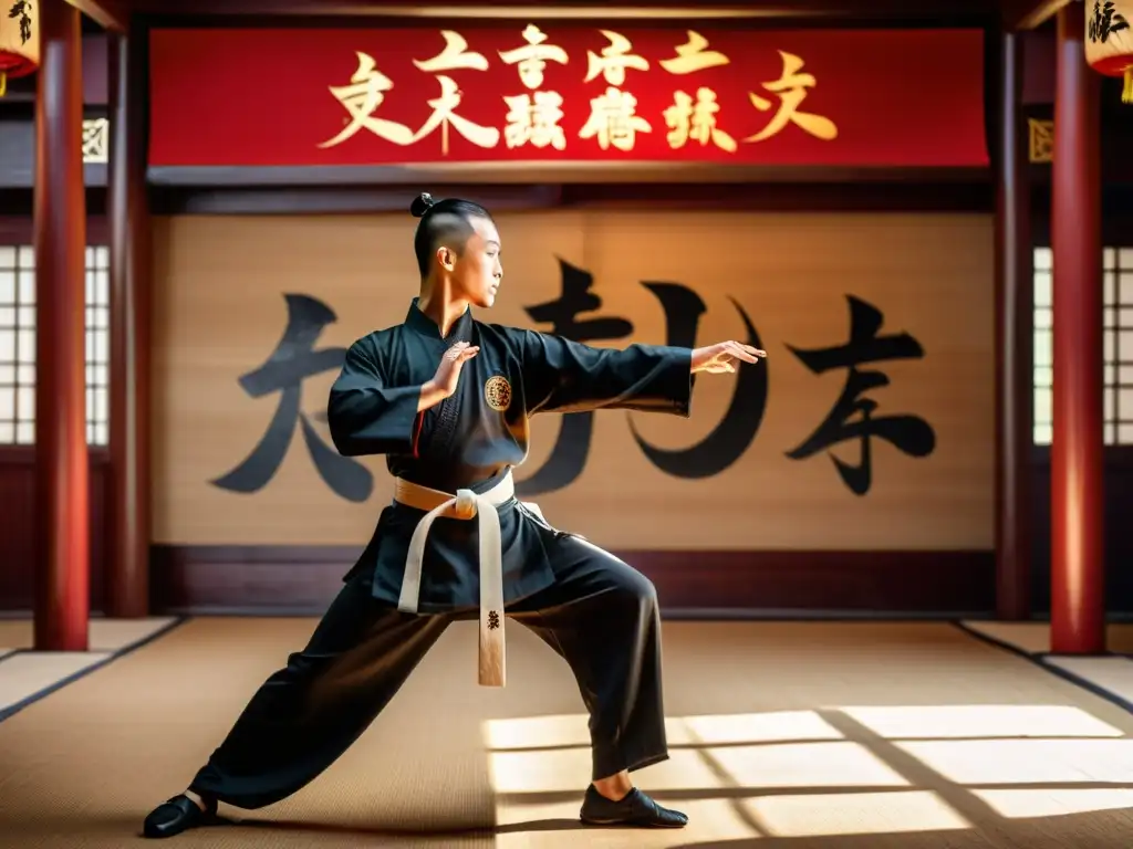 Un maestro de kung fu experto practicando movimientos animalísticos con precisión en un salón de entrenamiento tradicional