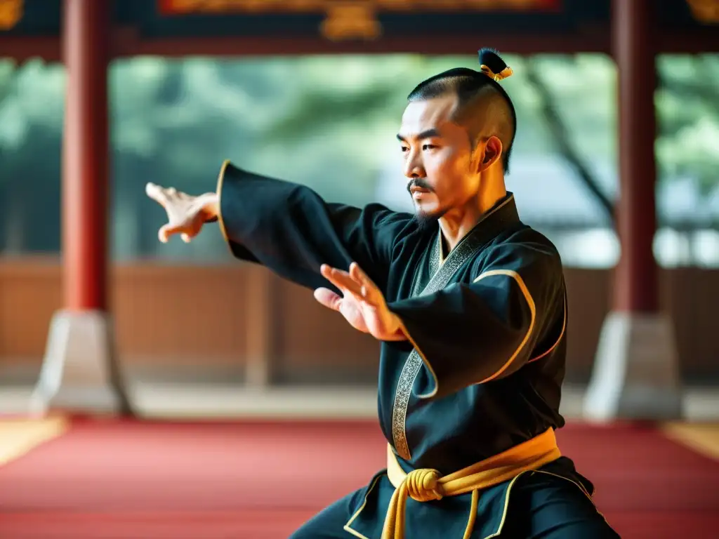 Un maestro de Kung Fu experto muestra una técnica defensiva con concentración y precisión