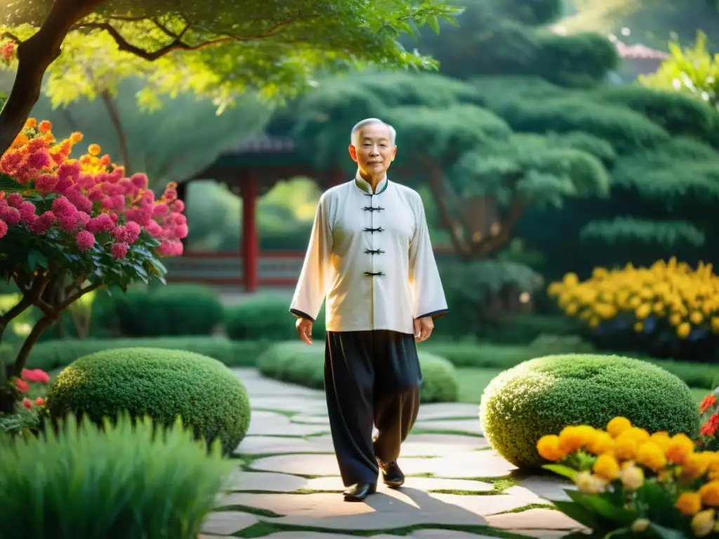 Maestro de Tai Chi practica en jardín exuberante, con detalles de la vestimenta y el entorno reflejando el origen espiritual del Tai Chi