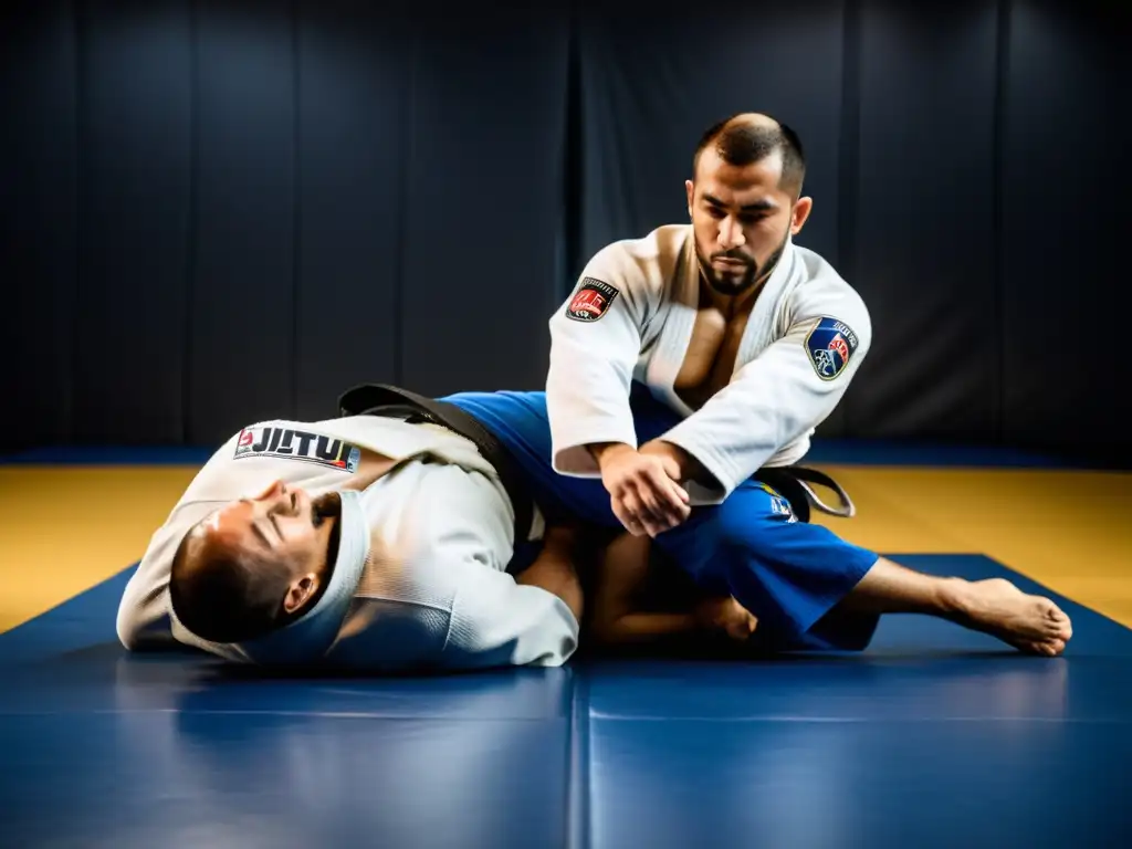 Un maestro de Brazilian JiuJitsu muestra fluidez y gracia al ejecutar técnicas esenciales, con determinación y enfoque