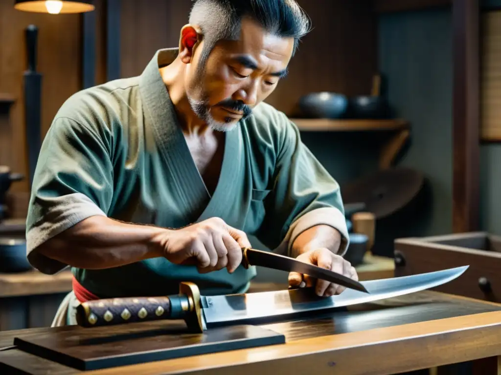 Un maestro forjador de espadas japonesas experto inspecciona y afila una espada de práctica tradicional con precisión y dedicación en su taller