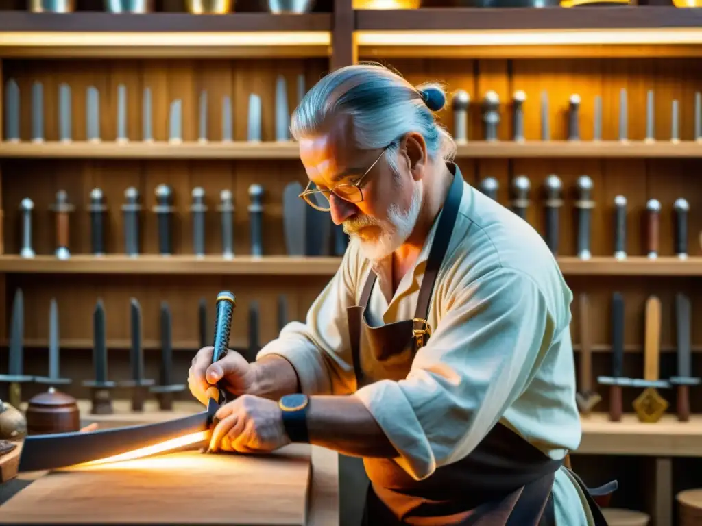 Un maestro forjador talla diseños en una espada de madera rodeado de espadas y artefactos históricos