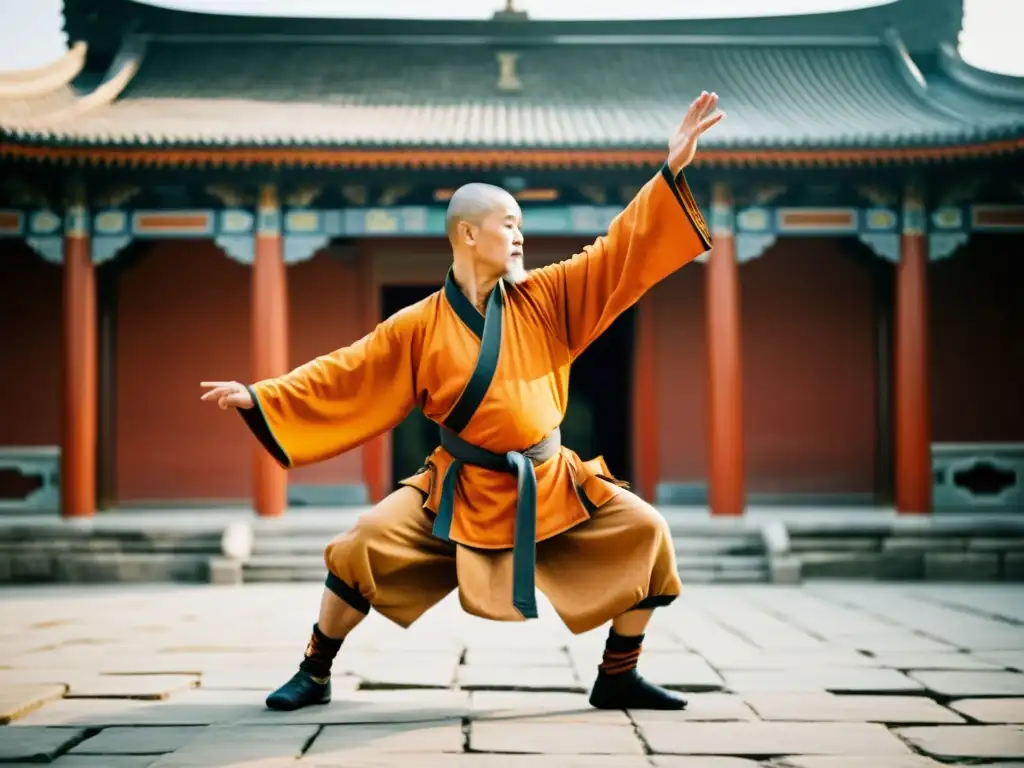 Maestro de Kung Fu Shaolin realiza forma tradicional en patio neblinoso, capturando la esencia del entrenamiento tradicional de Kung Fu Shaolin