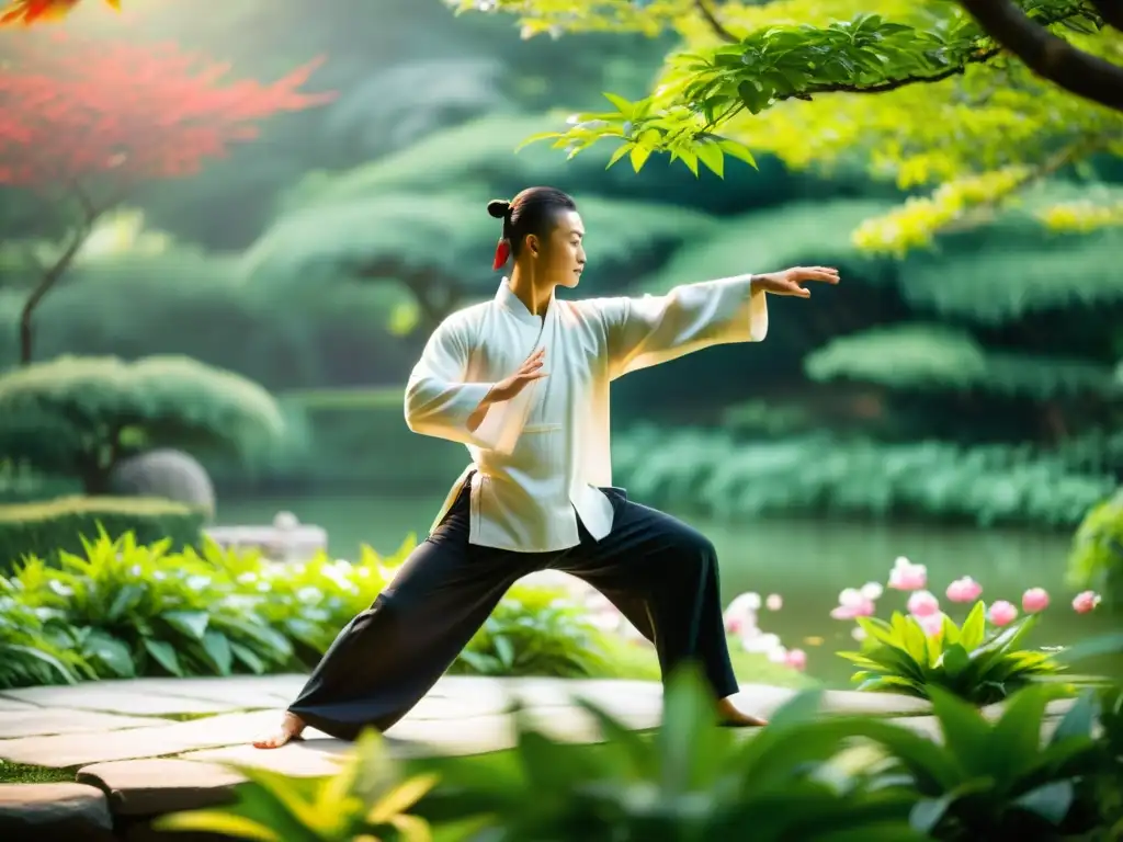 Un maestro de Kung Fu practica con gracia en un jardín sereno, rodeado de naturaleza exuberante y flores