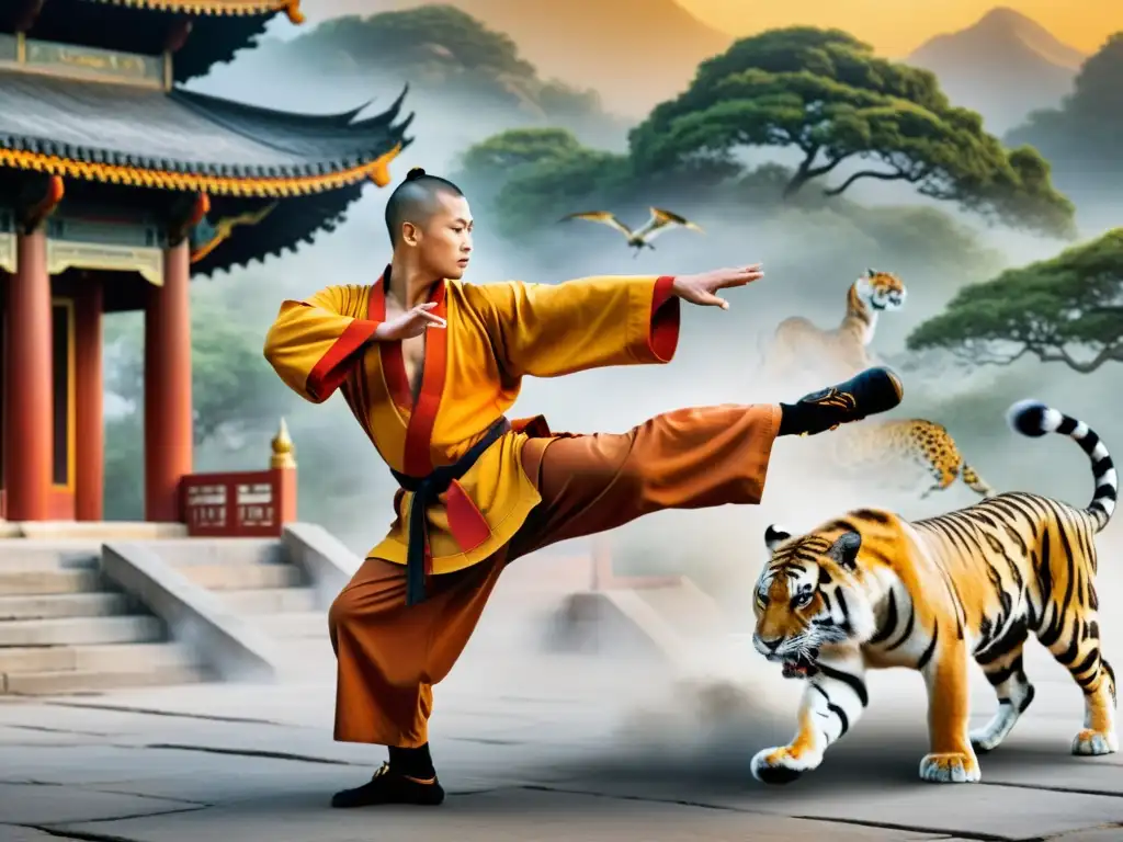 Un maestro de Kung Fu Shaolin ejecuta con gracia y poder las técnicas de los cinco animales en un templo sereno al amanecer