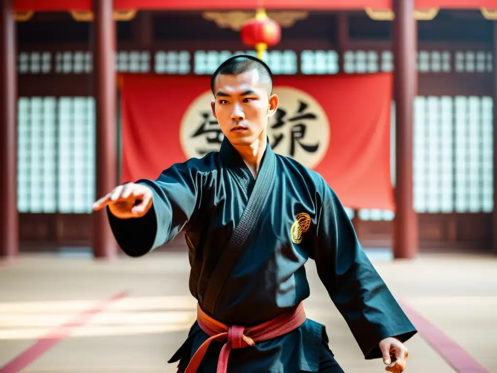 Un maestro habilidoso de Kung Fu demuestra con determinación y gracia las técnicas de autodefensa en Kung Fu, en un entorno de reverencia y disciplina