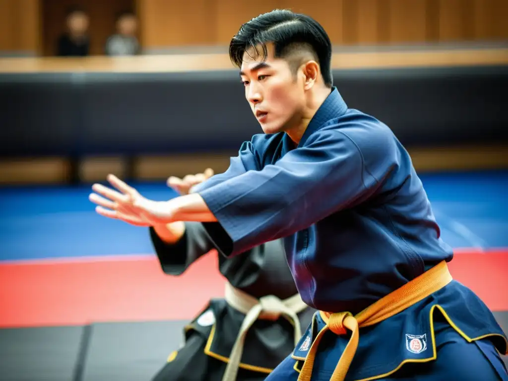 Un maestro habilidoso de Hapkido demostrando una técnica precisa de bloqueo articular con intensa concentración