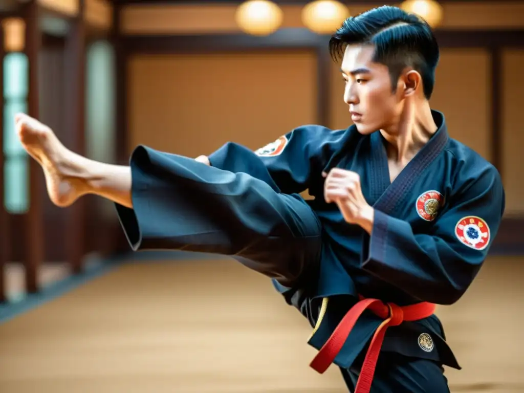 Un maestro de Hapkido ejecuta una patada precisa y poderosa en un estudio de artes marciales, exudando disciplina, habilidad y poder enfocado