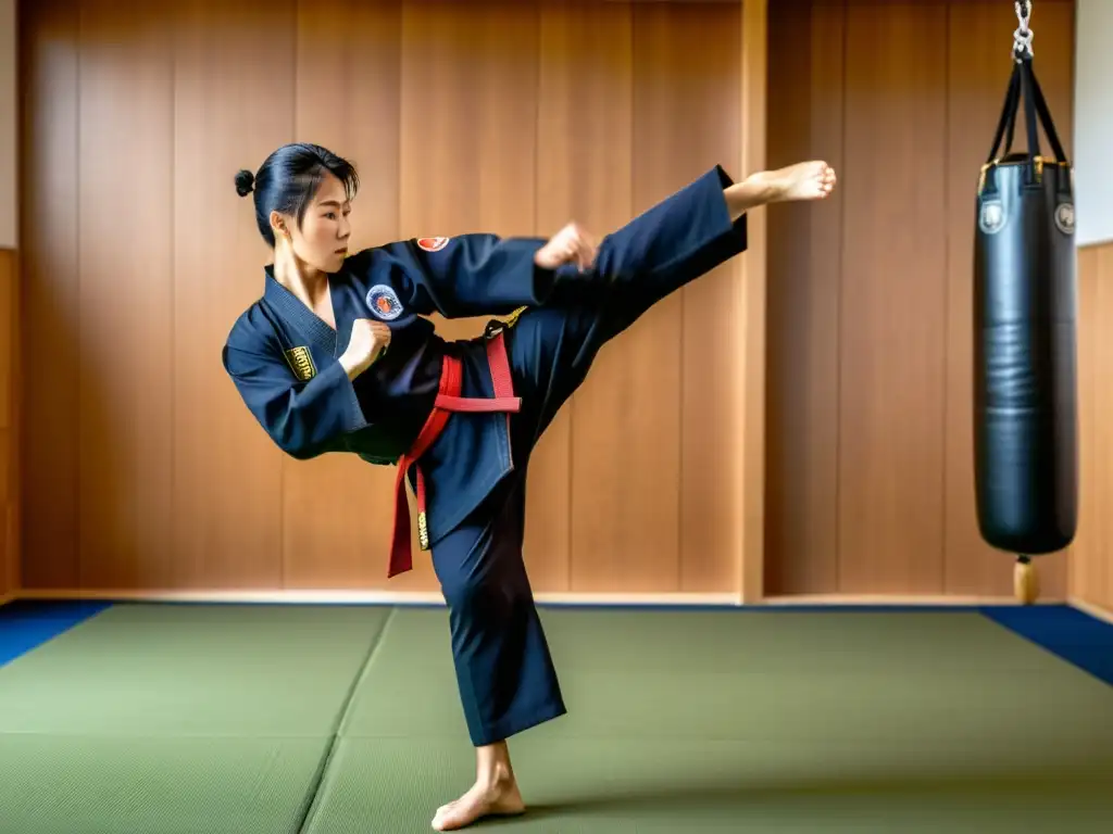 Maestro de Hapkido ejecutando una patada precisa y poderosa en el aire, mostrando concentración y gracia en una exhibición de Hapkido filosofía