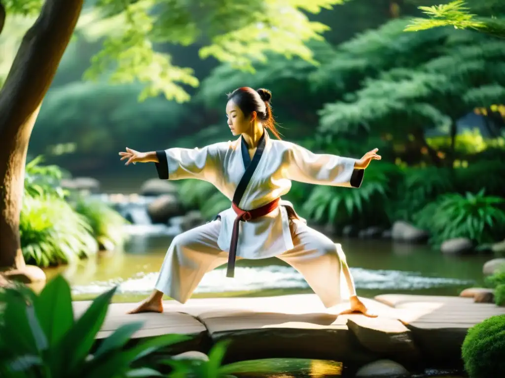 Un maestro de Hapkido respira paz y energía, practicando en un jardín sereno con un arroyo y exuberante vegetación