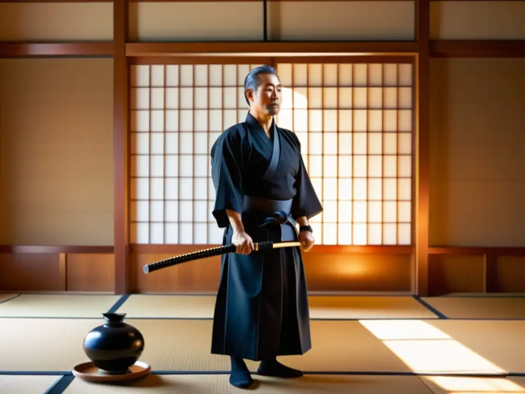 Un maestro de iaido en un dojo sereno, ejecutando una kata con gracia y precisión