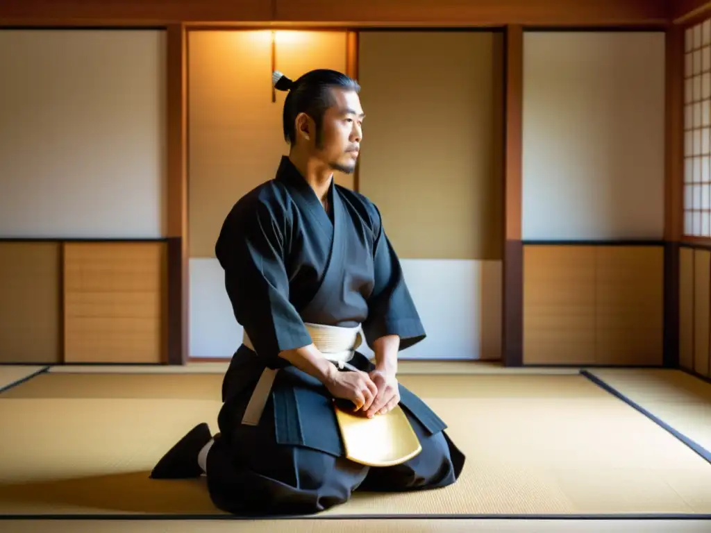 Un maestro de Iaido Samurai en un dojo japonés tradicional, con expresión de disciplina y dedicación