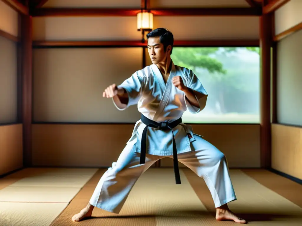 Un maestro de karate realiza una impresionante demostración de kata en un dojo tradicional, destacando la disciplina y la gracia del arte marcial