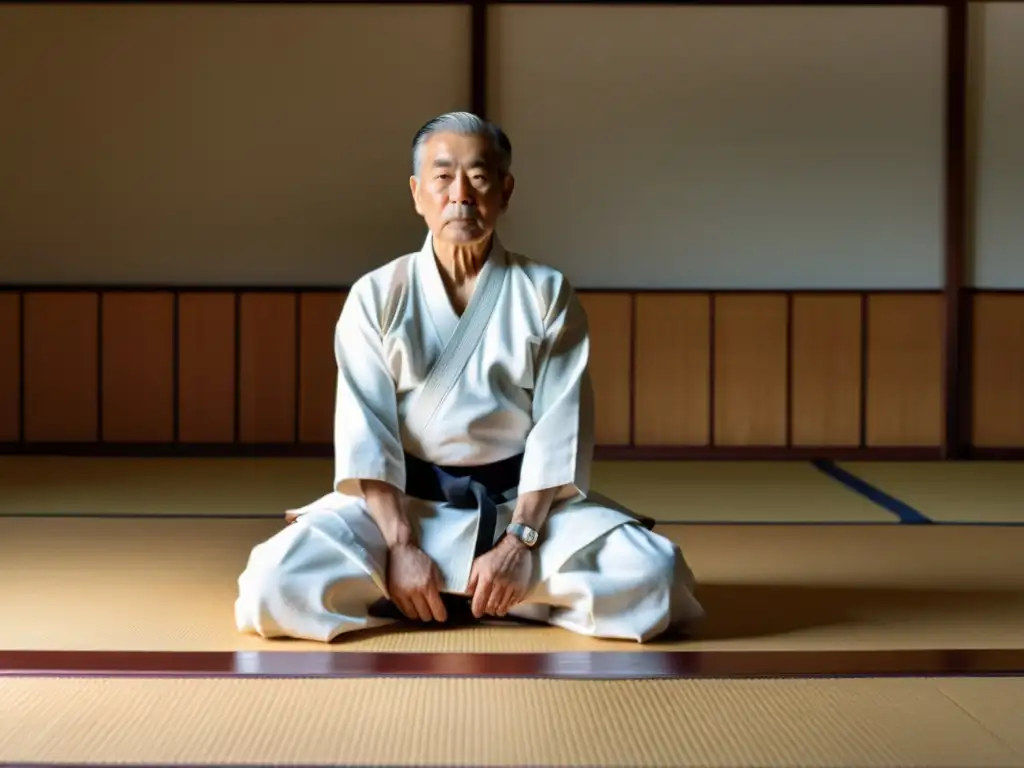 El Maestro influyente de Aikido, Kisshomaru Ueshiba, realiza un movimiento fluido en un dojo tradicional, evocando serenidad y poder controlado