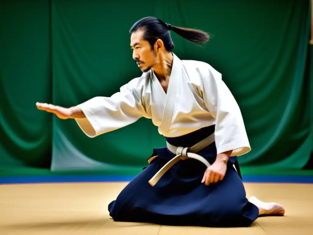 Yoshimitsu Yamada Sensei, maestro influyente de Aikido, demostrando técnicas con autoridad y precisión en un seminario internacional, con estudiantes atentos de fondo