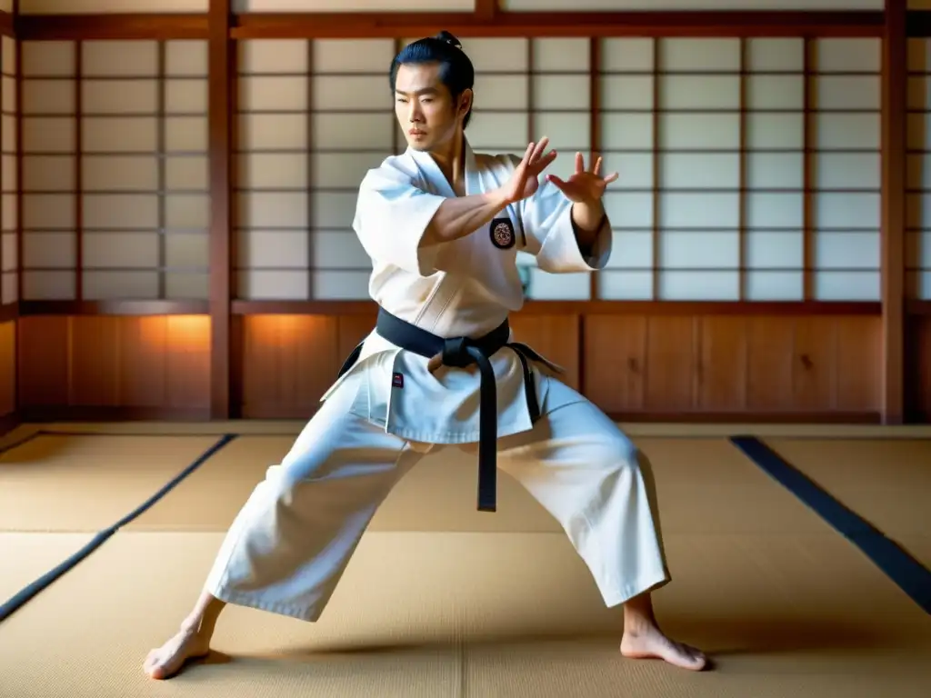 Kenji Tomiki, maestro influyente de Aikido, demostrando técnicas en un dojo tradicional, con determinación y habilidad