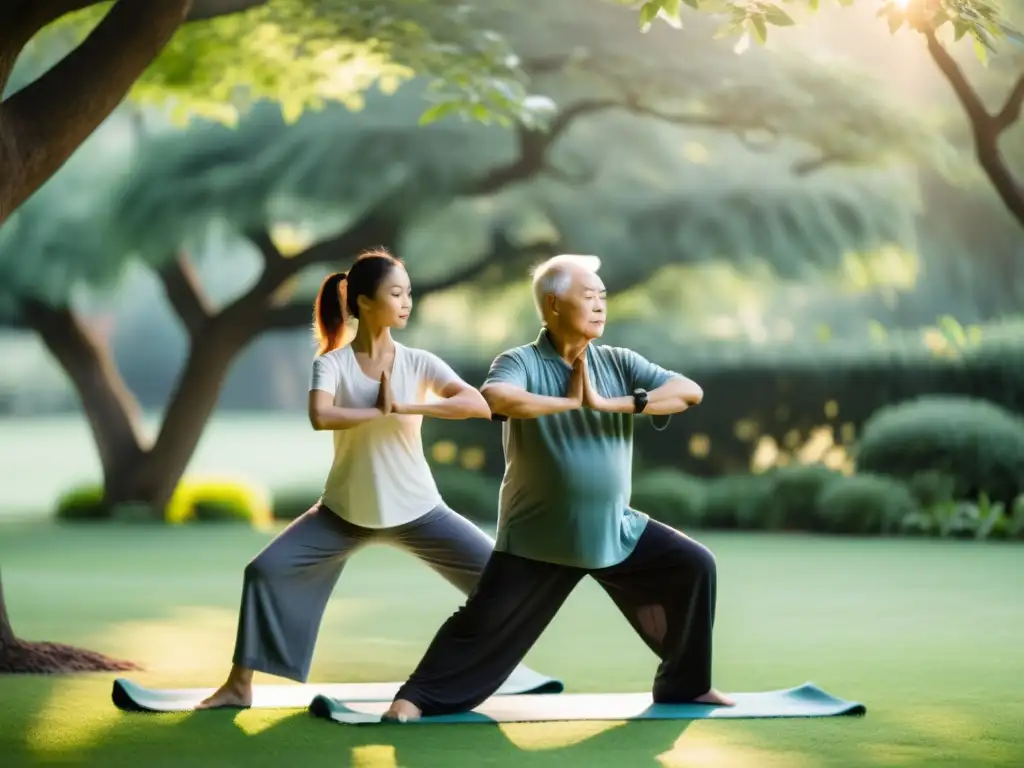 Un maestro de Tai Chi y una instructora de yoga practican en armonía en un jardín sereno