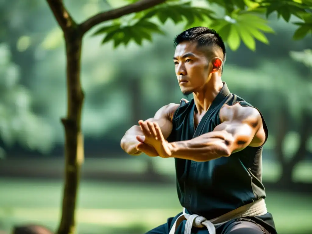 Un maestro de Kung Fu practica con intensa concentración entre la exuberante vegetación